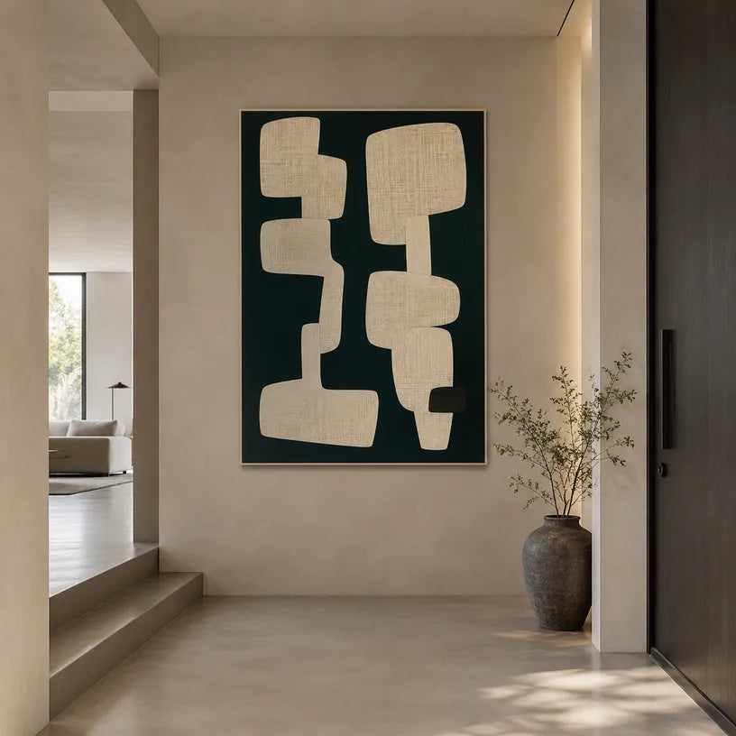 Wabi-Sabi abstract oil painting showing layered abstract marks, texture and expressive painterly movement in a black palette.