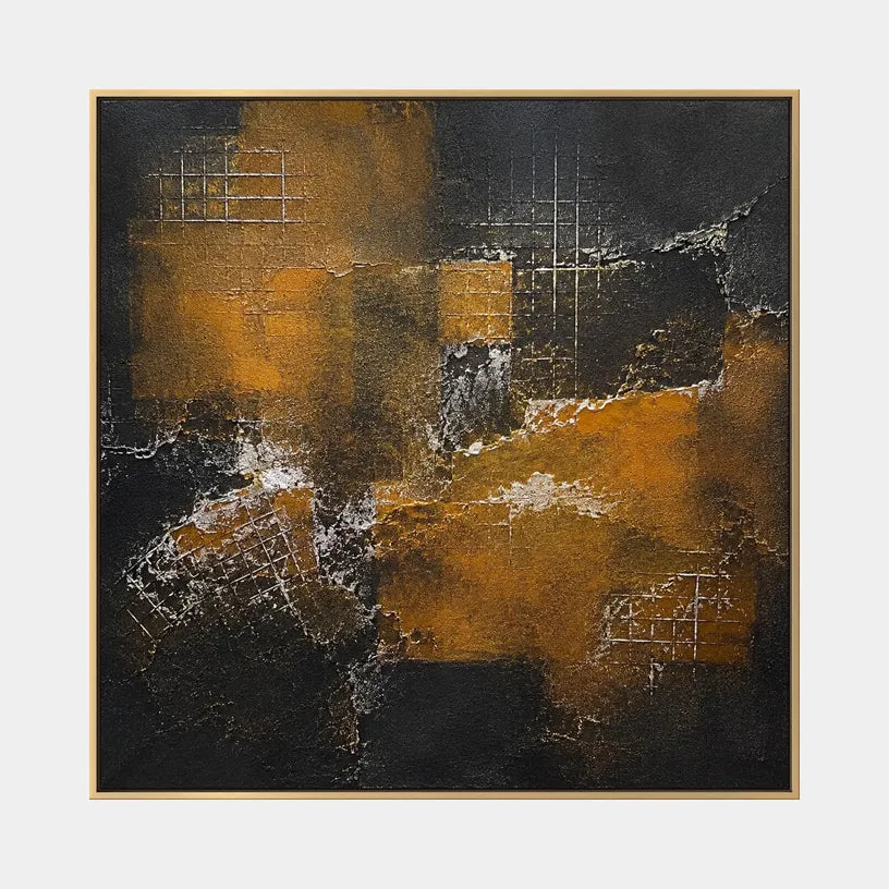 Wabi-Sabi abstract oil painting showing layered abstract marks, texture and expressive painterly movement in a brown palette.