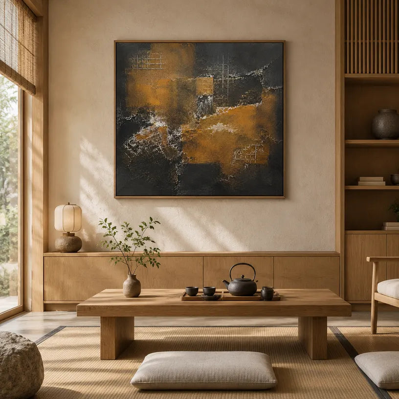 Wabi-Sabi abstract oil painting showing layered abstract marks, texture and expressive painterly movement in a brown palette.