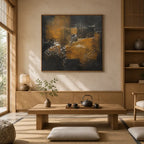 Wabi-Sabi abstract oil painting showing layered abstract marks, texture and expressive painterly movement in a brown palette.