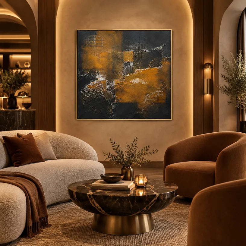 Wabi-Sabi abstract oil painting showing layered abstract marks, texture and expressive painterly movement in a brown palette.