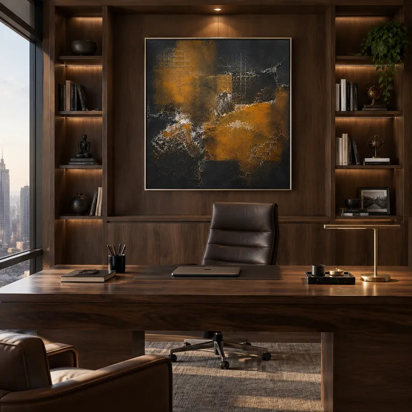 Wabi-Sabi abstract oil painting showing layered abstract marks, texture and expressive painterly movement in a brown palette.