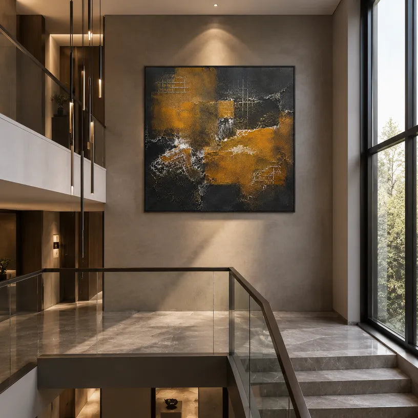 Wabi-Sabi abstract oil painting showing layered abstract marks, texture and expressive painterly movement in a brown palette.