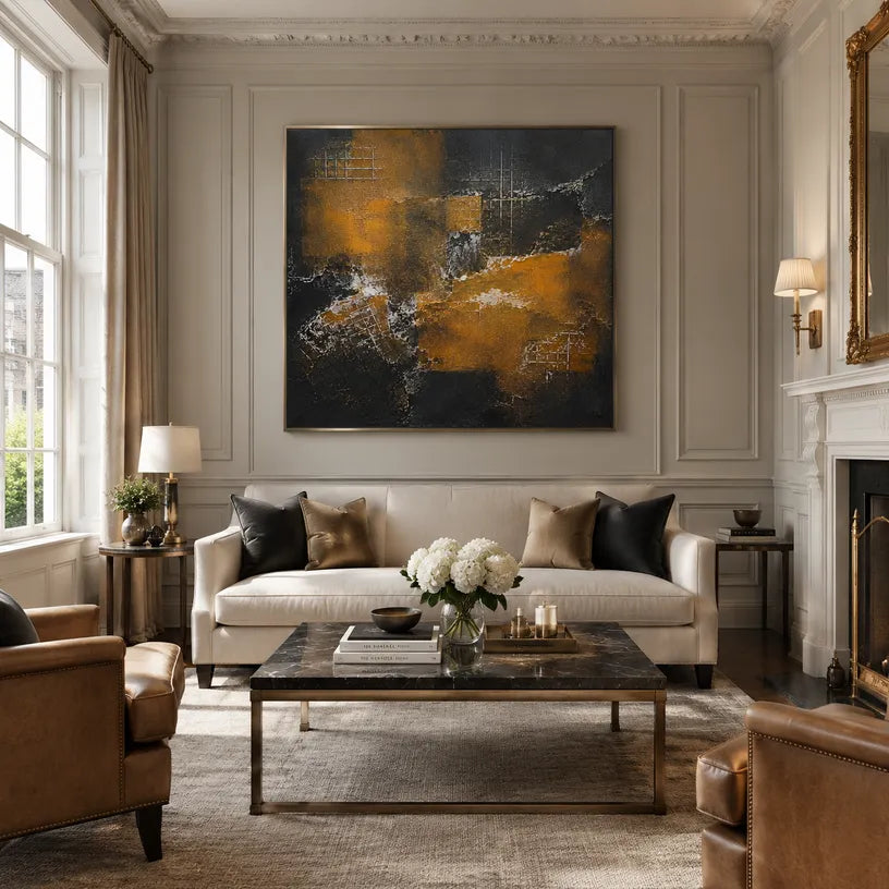 Wabi-Sabi abstract oil painting showing layered abstract marks, texture and expressive painterly movement in a brown palette.