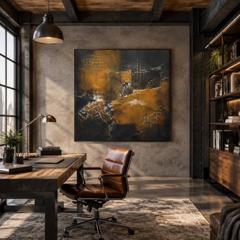 Wabi-Sabi abstract oil painting showing layered abstract marks, texture and expressive painterly movement in a brown palette.