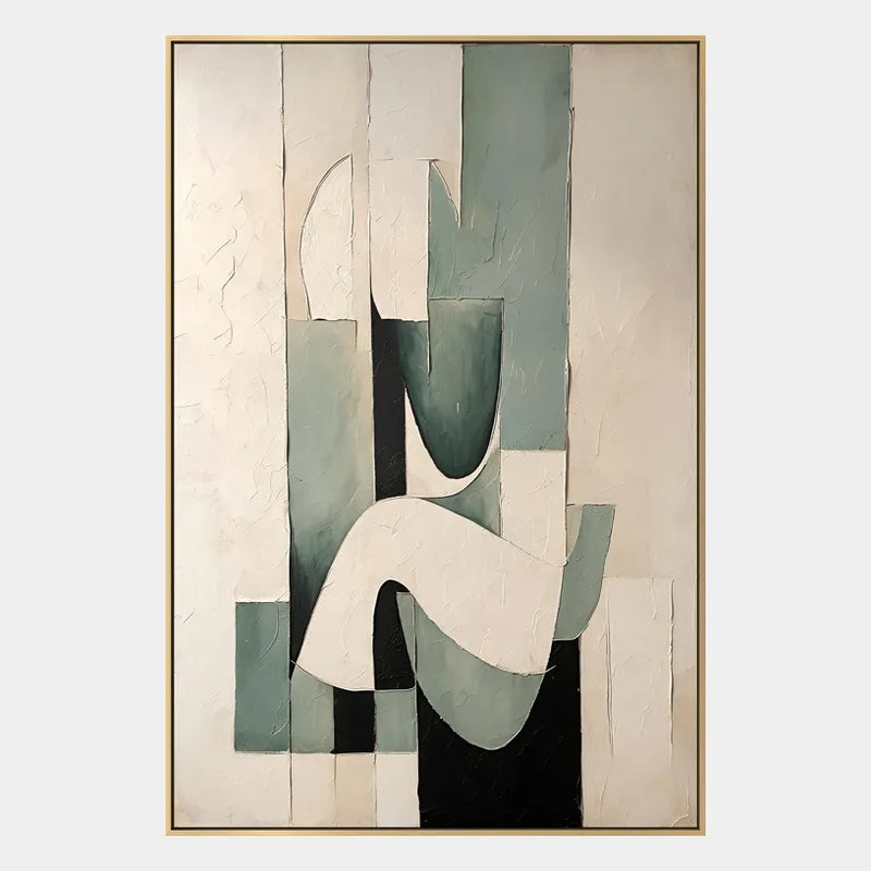 Peinture à l'huile abstraite et conceptuelle Wabi-Sabi présentant des marques abstraites superposées, une texture et un mouvement pictural expressif dans une palette beige.