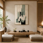 Wabi-Sabi abstract oil painting showing layered abstract marks, texture and expressive painterly movement in a beige palette.