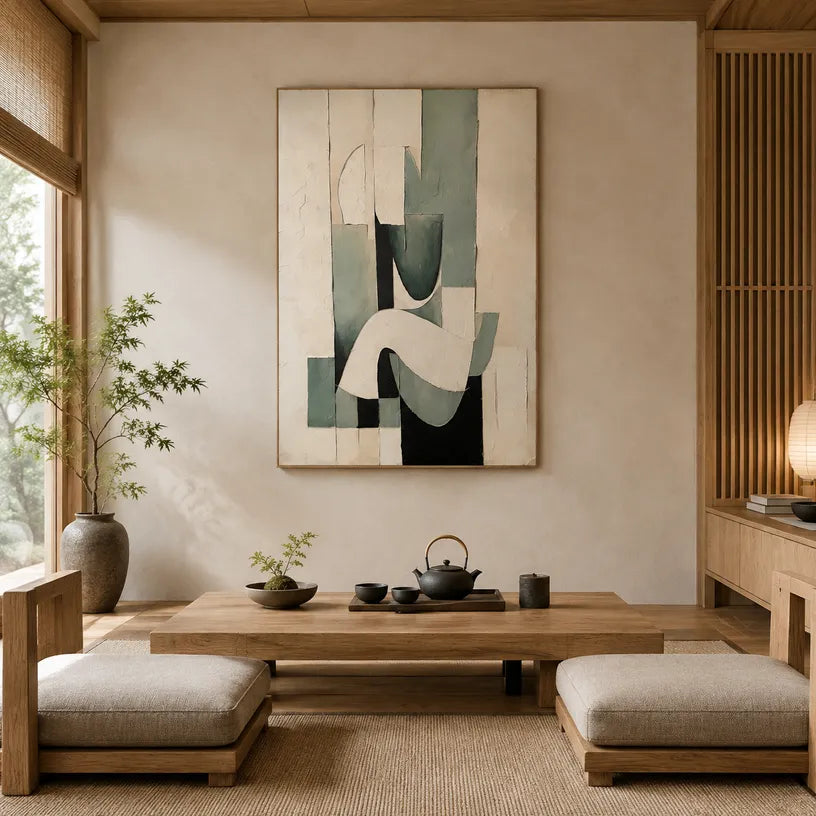 Wabi-Sabi abstract oil painting showing layered abstract marks, texture and expressive painterly movement in a beige palette.