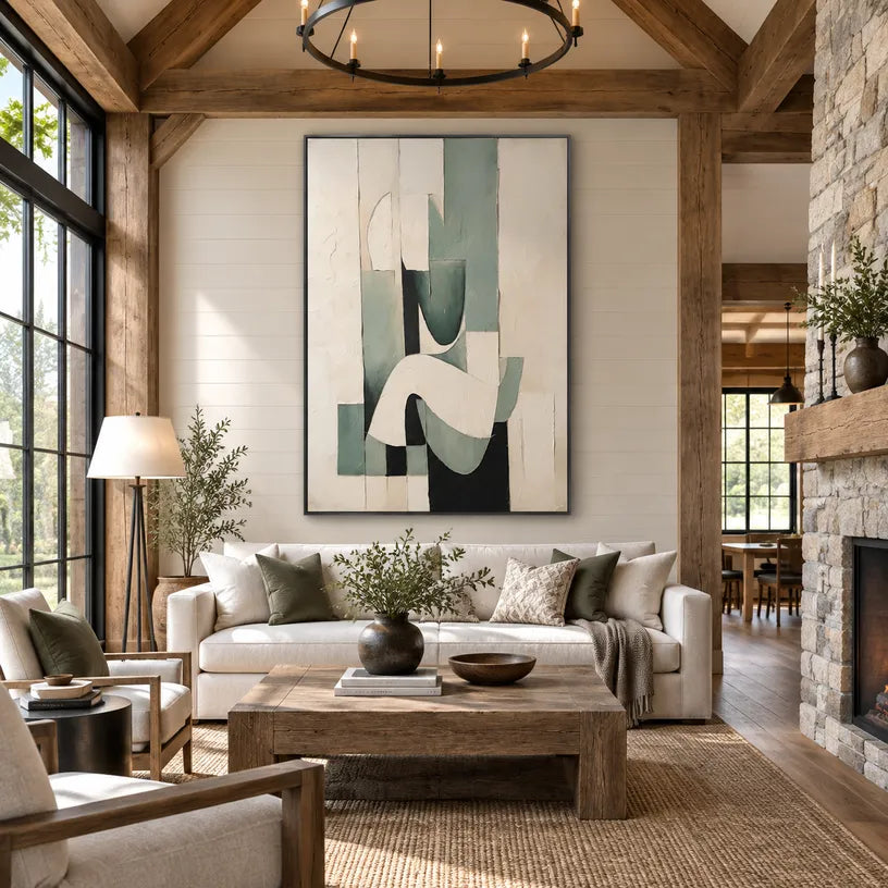 Wabi-Sabi abstract oil painting showing layered abstract marks, texture and expressive painterly movement in a beige palette.