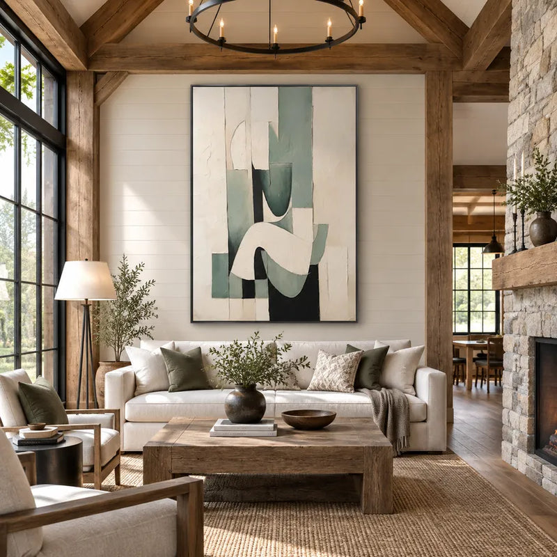 Peinture à l'huile abstraite et conceptuelle Wabi-Sabi présentant des marques abstraites superposées, une texture et un mouvement pictural expressif dans une palette beige.