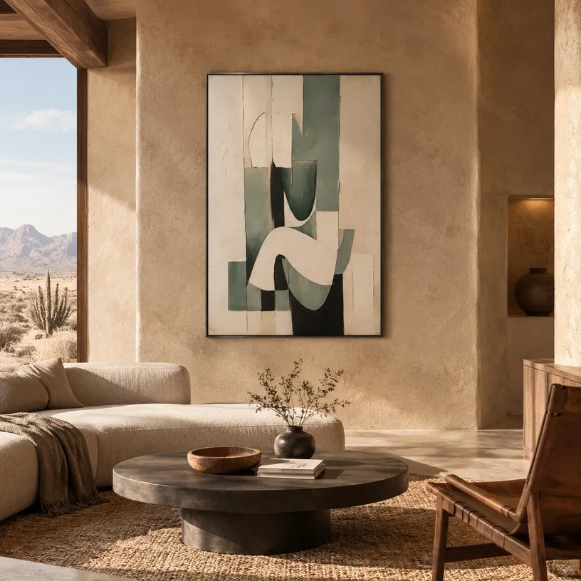 Wabi-Sabi abstract oil painting showing layered abstract marks, texture and expressive painterly movement in a beige palette.
