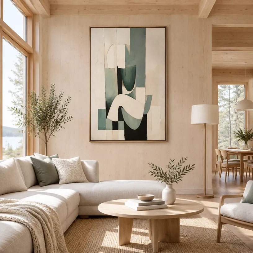 Wabi-Sabi abstract oil painting showing layered abstract marks, texture and expressive painterly movement in a beige palette.