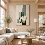 Wabi-Sabi abstract oil painting showing layered abstract marks, texture and expressive painterly movement in a beige palette.