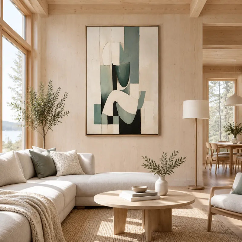 Peinture à l'huile abstraite et conceptuelle Wabi-Sabi présentant des marques abstraites superposées, une texture et un mouvement pictural expressif dans une palette beige.