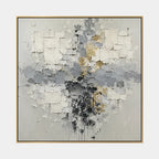 Wabi-Sabi abstract oil painting showing layered abstract marks, texture and expressive painterly movement in a grey palette.