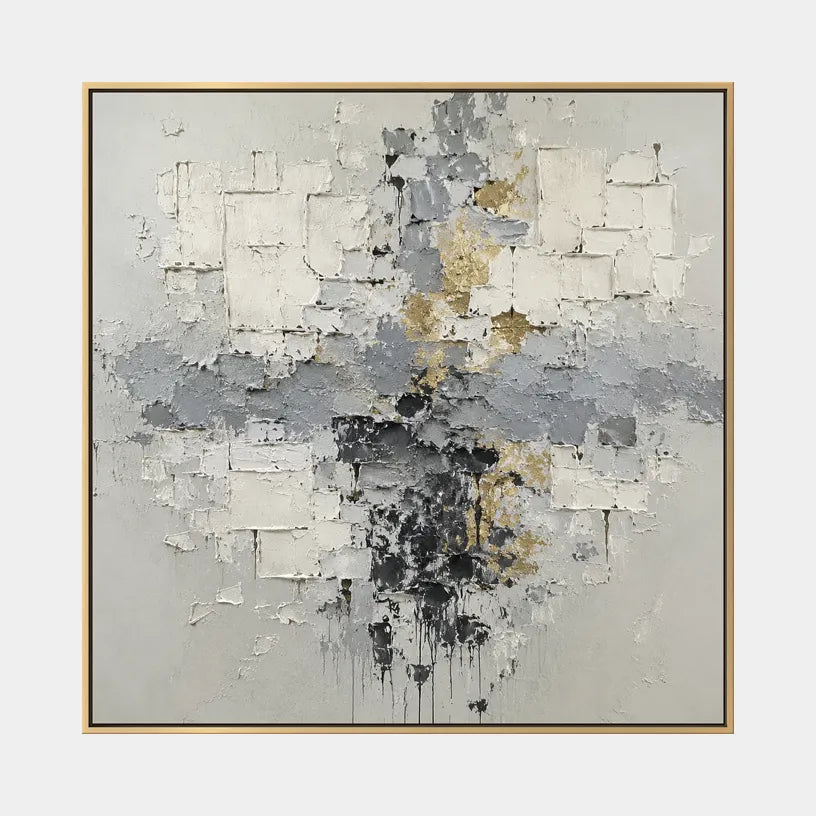Wabi-Sabi abstract oil painting showing layered abstract marks, texture and expressive painterly movement in a grey palette.