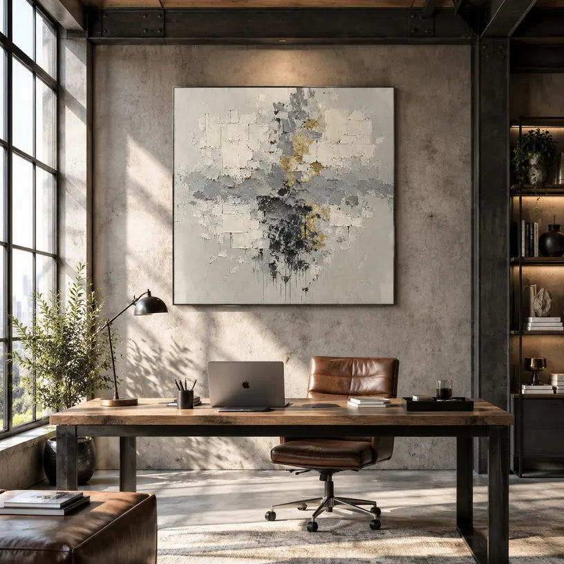 Wabi-Sabi abstract oil painting showing layered abstract marks, texture and expressive painterly movement in a grey palette.