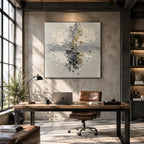 Wabi-Sabi abstract oil painting showing layered abstract marks, texture and expressive painterly movement in a grey palette.