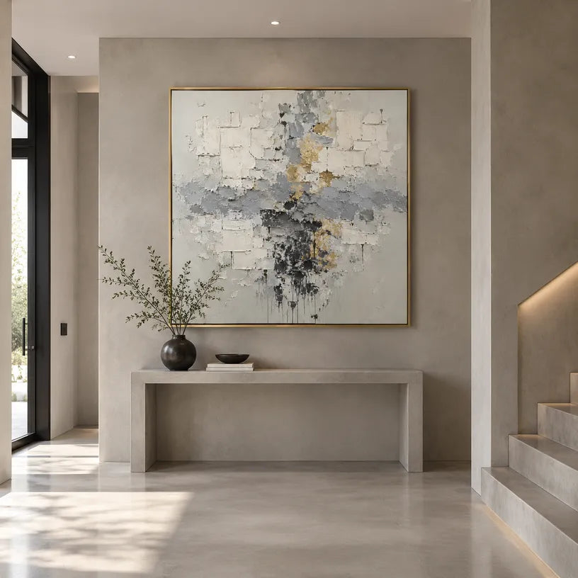 Wabi-Sabi abstract oil painting showing layered abstract marks, texture and expressive painterly movement in a grey palette.