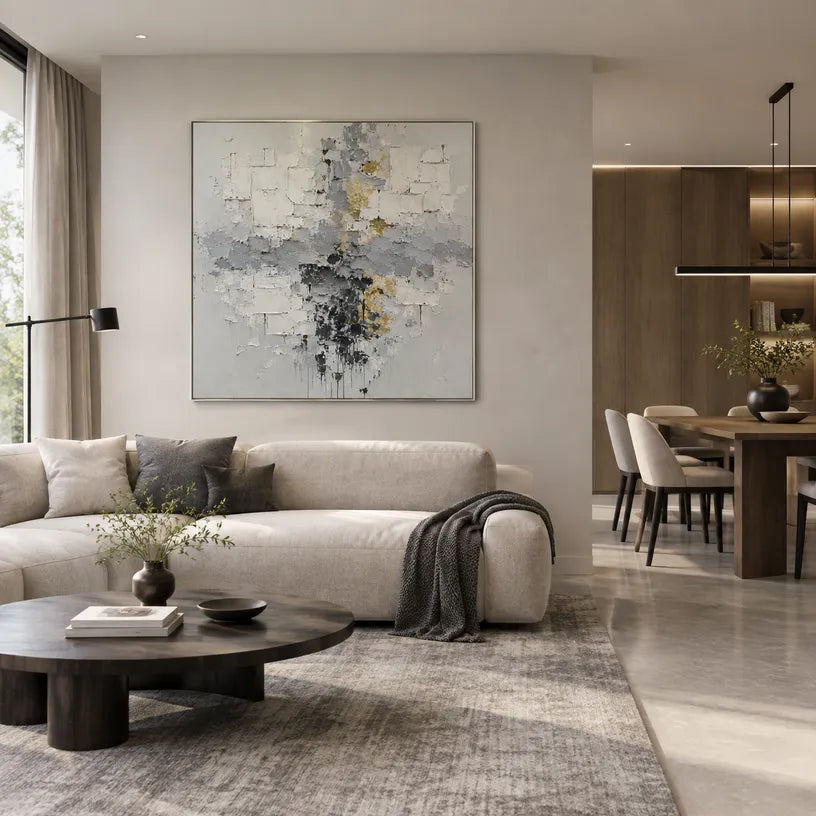 Wabi-Sabi abstract oil painting showing layered abstract marks, texture and expressive painterly movement in a grey palette.