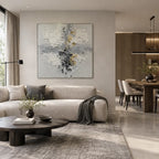 Wabi-Sabi abstract oil painting showing layered abstract marks, texture and expressive painterly movement in a grey palette.
