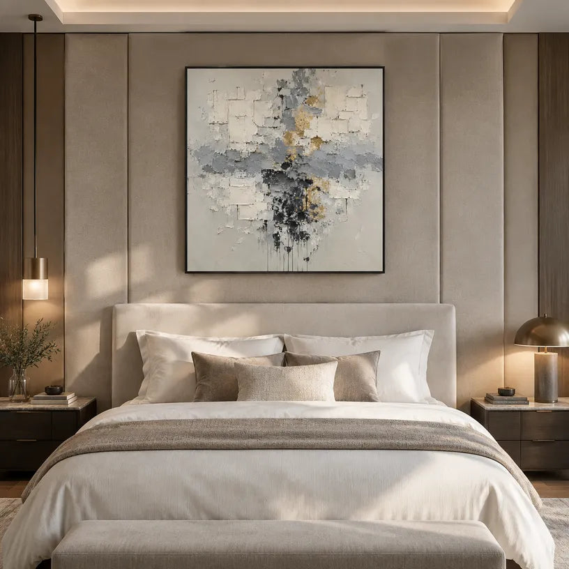Wabi-Sabi abstract oil painting showing layered abstract marks, texture and expressive painterly movement in a grey palette.