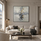 Wabi-Sabi abstract oil painting showing layered abstract marks, texture and expressive painterly movement in a grey palette.