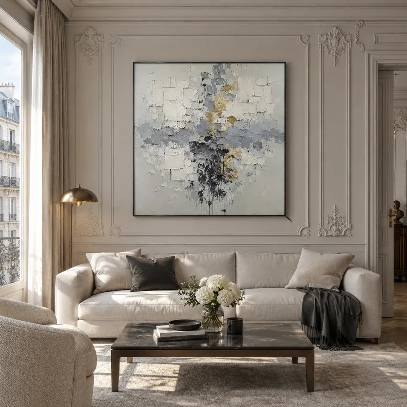 Wabi-Sabi abstract oil painting showing layered abstract marks, texture and expressive painterly movement in a grey palette.
