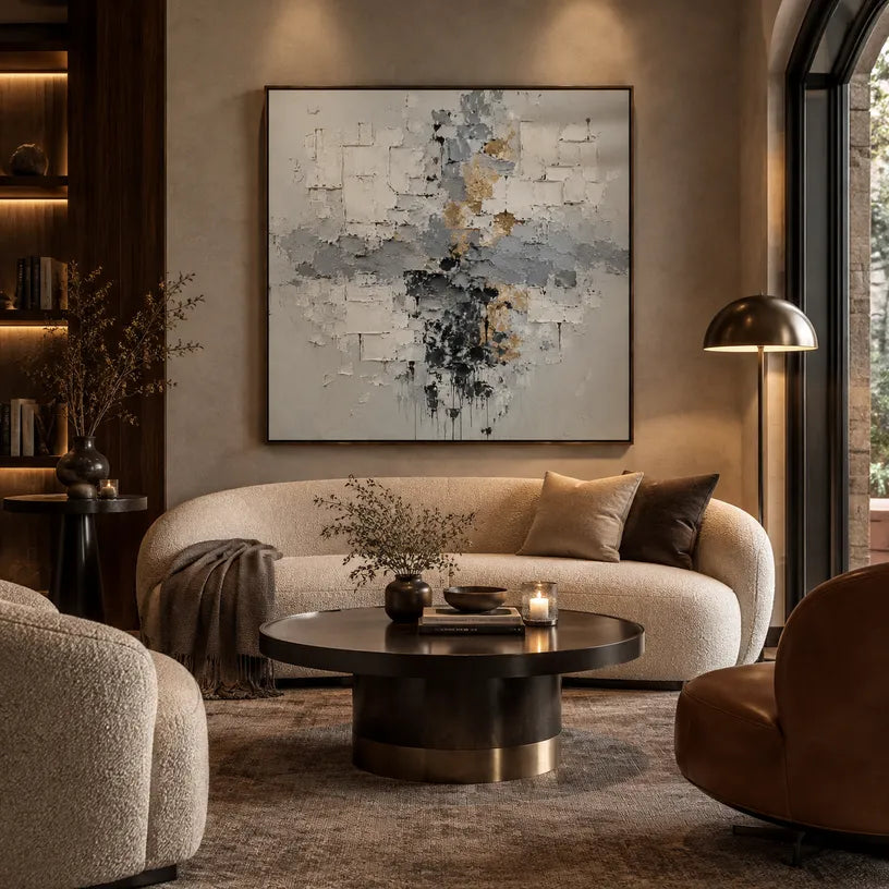 Wabi-Sabi abstract oil painting showing layered abstract marks, texture and expressive painterly movement in a grey palette.
