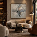 Wabi-Sabi abstract oil painting showing layered abstract marks, texture and expressive painterly movement in a grey palette.