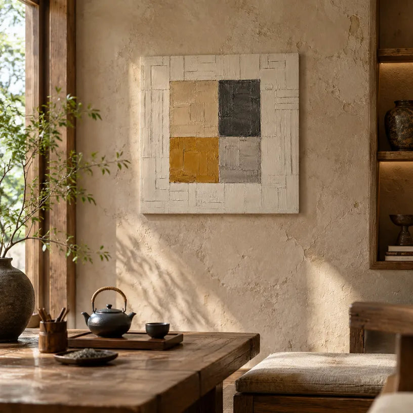 Wabi-Sabi abstract oil painting showing layered abstract marks, texture and expressive painterly movement in a brown palette.