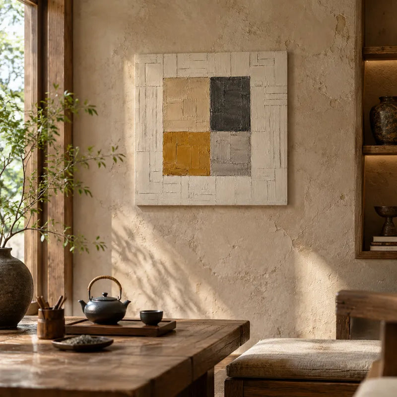 Pittura a olio astratta e concettuale Wabi-Sabi con segni astratti stratificati, consistenza e movimento pittorico espressivo in una tavolozza beige.