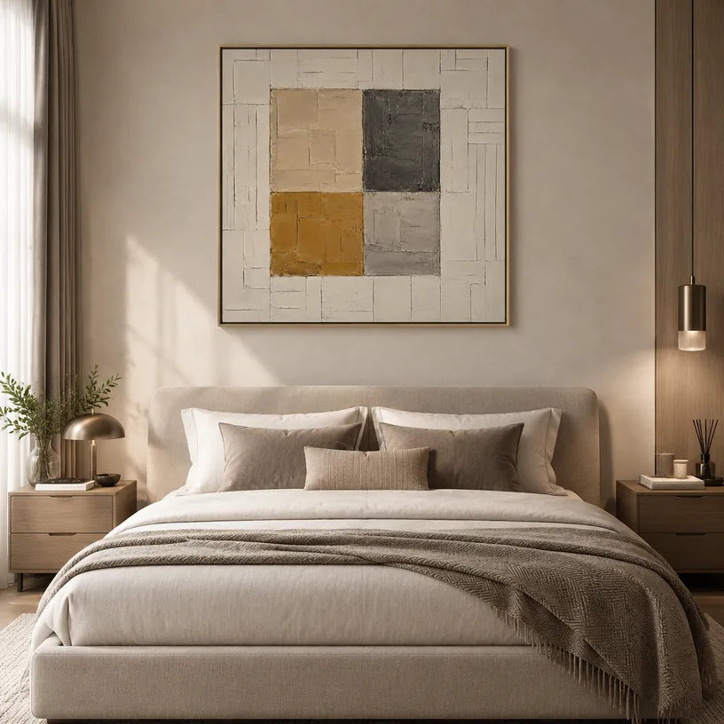 Wabi-Sabi abstract oil painting showing layered abstract marks, texture and expressive painterly movement in a brown palette.