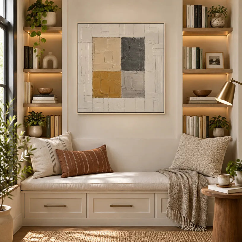 Wabi-Sabi abstract oil painting showing layered abstract marks, texture and expressive painterly movement in a brown palette.