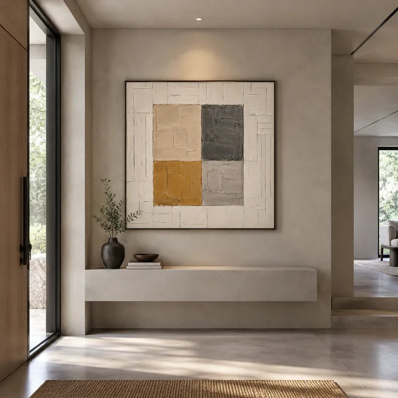 Wabi-Sabi abstract oil painting showing layered abstract marks, texture and expressive painterly movement in a brown palette.