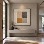 Wabi-Sabi abstract oil painting showing layered abstract marks, texture and expressive painterly movement in a brown palette.
