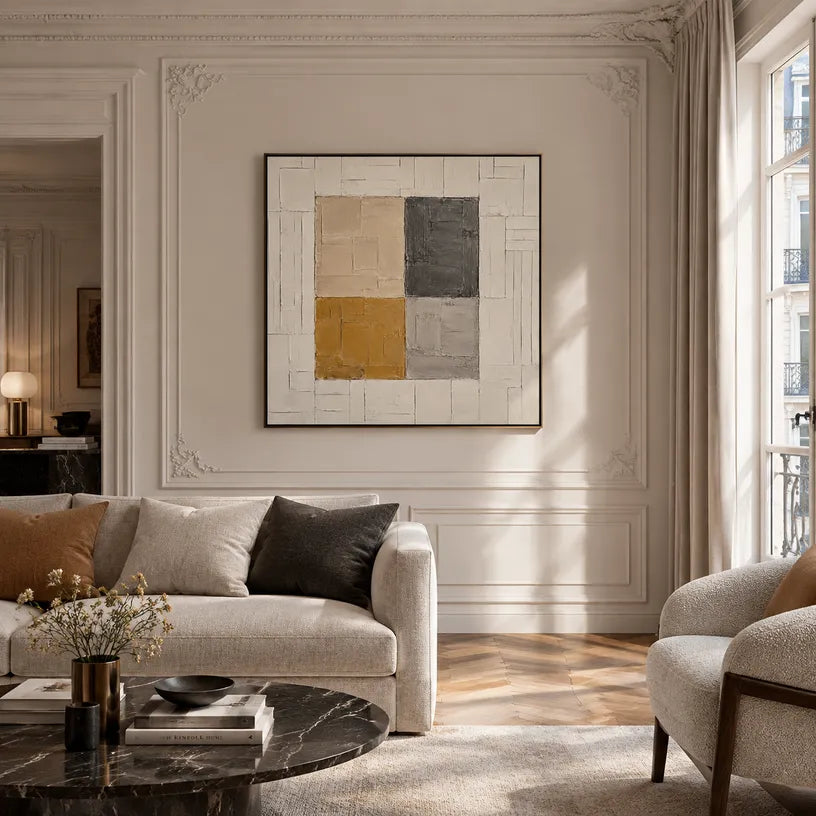 Wabi-Sabi abstract oil painting showing layered abstract marks, texture and expressive painterly movement in a brown palette.