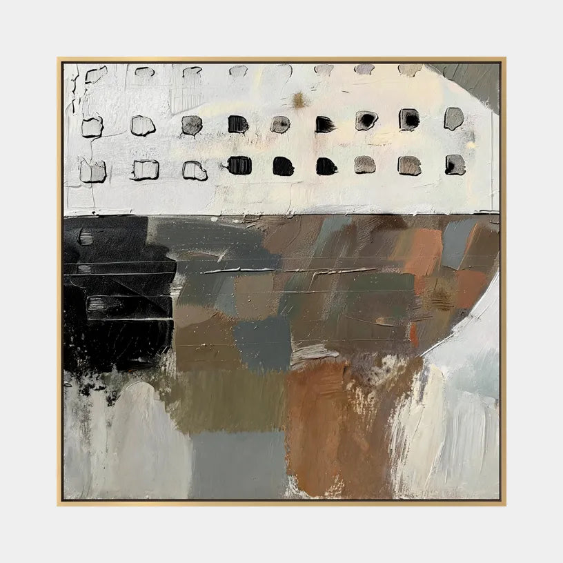 Wabi-Sabi abstract oil painting showing layered abstract marks, texture and expressive painterly movement.