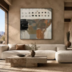 Wabi-Sabi abstract oil painting showing layered abstract marks, texture and expressive painterly movement.