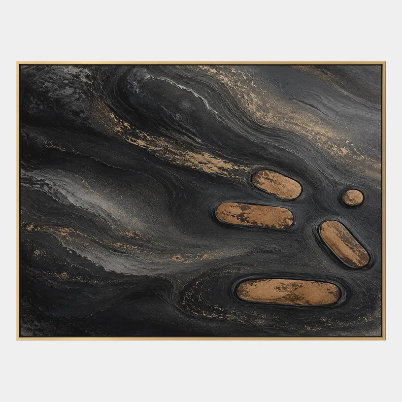 Wabi-Sabi abstract oil painting showing layered abstract marks, texture and expressive painterly movement in a black palette.