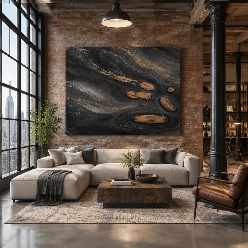Wabi-Sabi abstract oil painting showing layered abstract marks, texture and expressive painterly movement in a black palette.