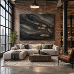 Wabi-Sabi abstract oil painting showing layered abstract marks, texture and expressive painterly movement in a black palette.