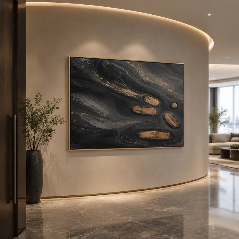 Wabi-Sabi abstract oil painting showing layered abstract marks, texture and expressive painterly movement in a black palette.