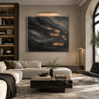 Wabi-Sabi abstract oil painting showing layered abstract marks, texture and expressive painterly movement in a black palette.