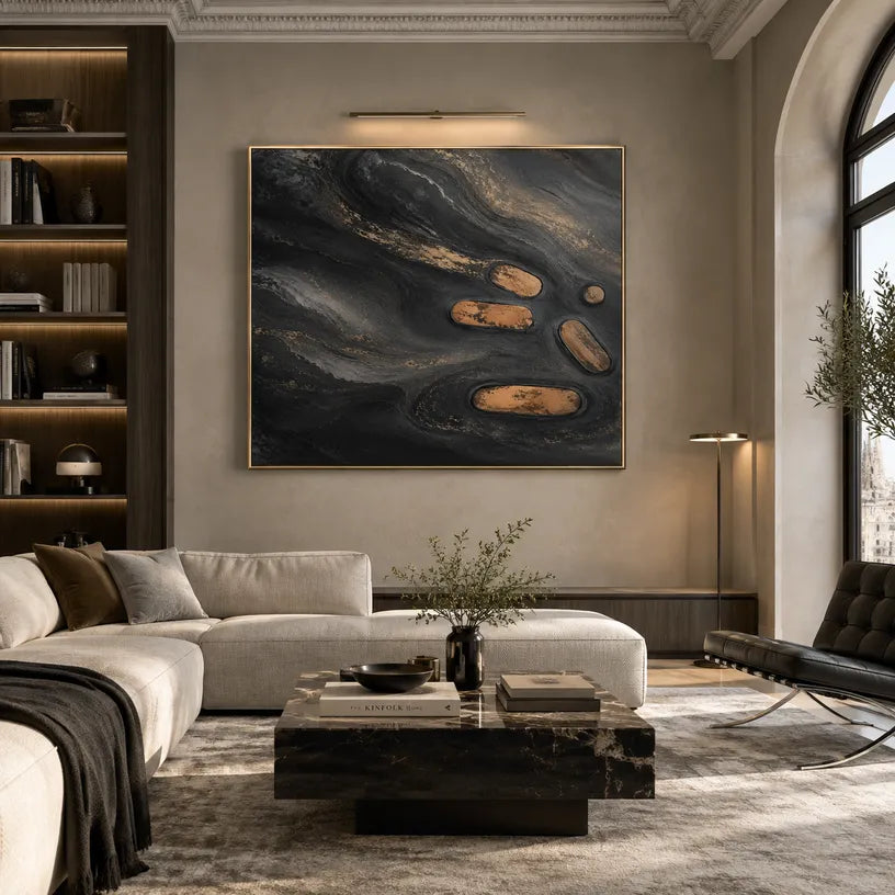 Wabi-Sabi abstract oil painting showing layered abstract marks, texture and expressive painterly movement in a black palette.