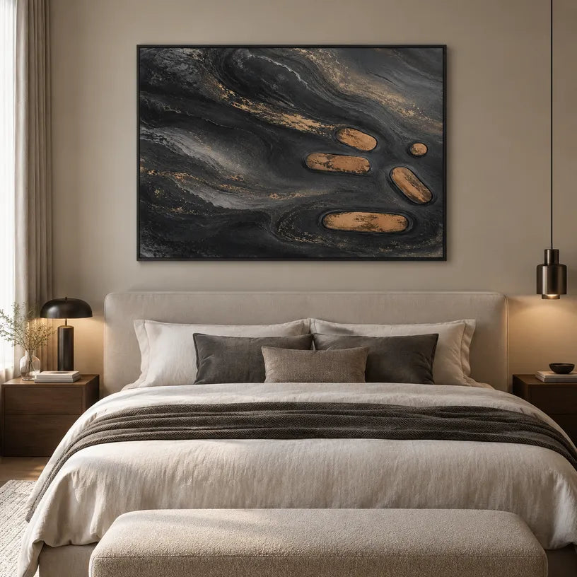 Wabi-Sabi abstract oil painting showing layered abstract marks, texture and expressive painterly movement in a black palette.
