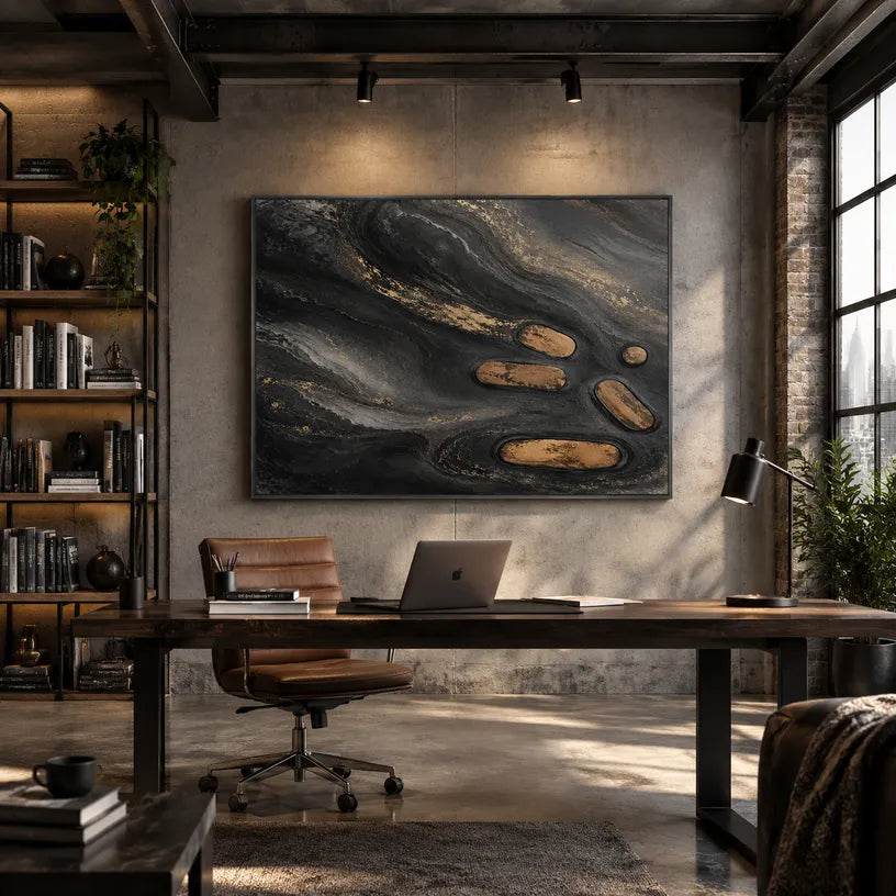 Wabi-Sabi abstract oil painting showing layered abstract marks, texture and expressive painterly movement in a black palette.