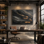Wabi-Sabi abstract oil painting showing layered abstract marks, texture and expressive painterly movement in a black palette.