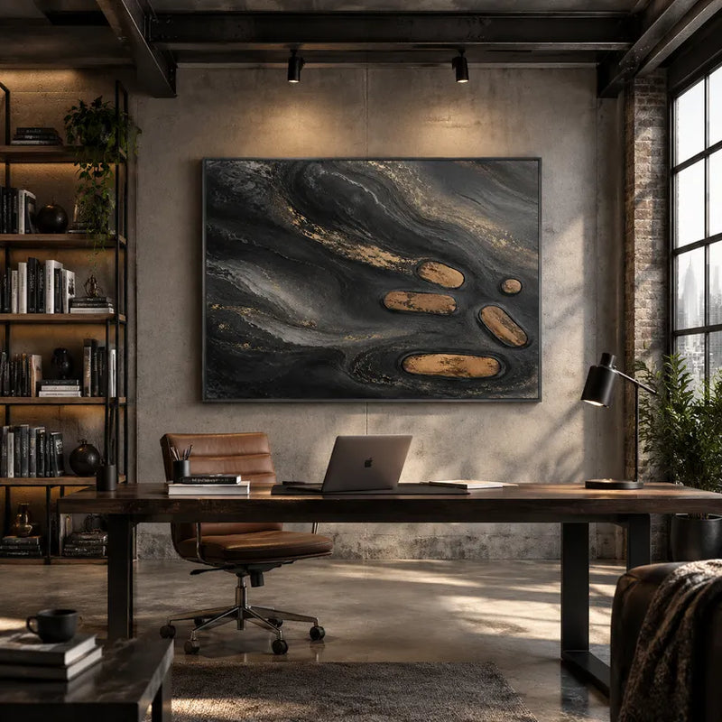 Abstraktes und konzeptuelles Ölgemälde von Wabi-Sabi mit geschichteten abstrakten Zeichen, Textur und ausdrucksstarken malerischen Bewegungen in einer Schwarz-Weiß-Palette.
