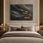 Wabi-Sabi abstract oil painting showing layered abstract marks, texture and expressive painterly movement in a black palette.